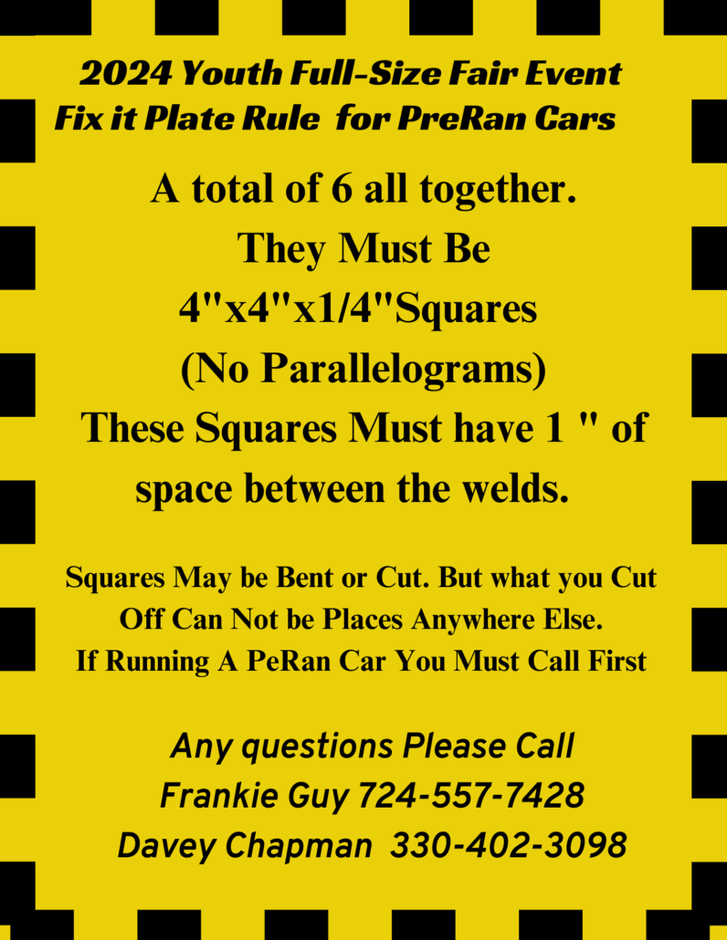 2024 Youth Full Size Fair Event Fix It Plate Rule For PreRan Cars